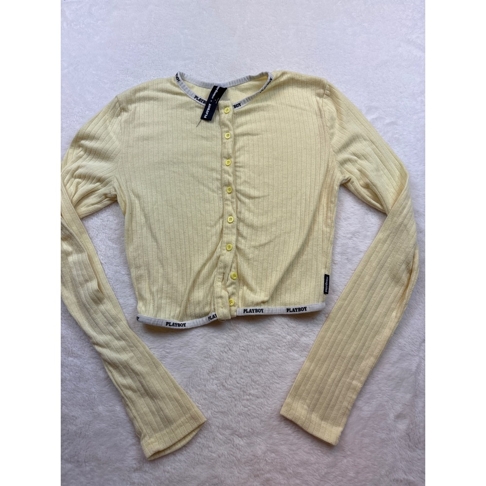 Playboy x Missguided Women Pale Yellow Pointelle Knit Cropped Cardigan Top Small